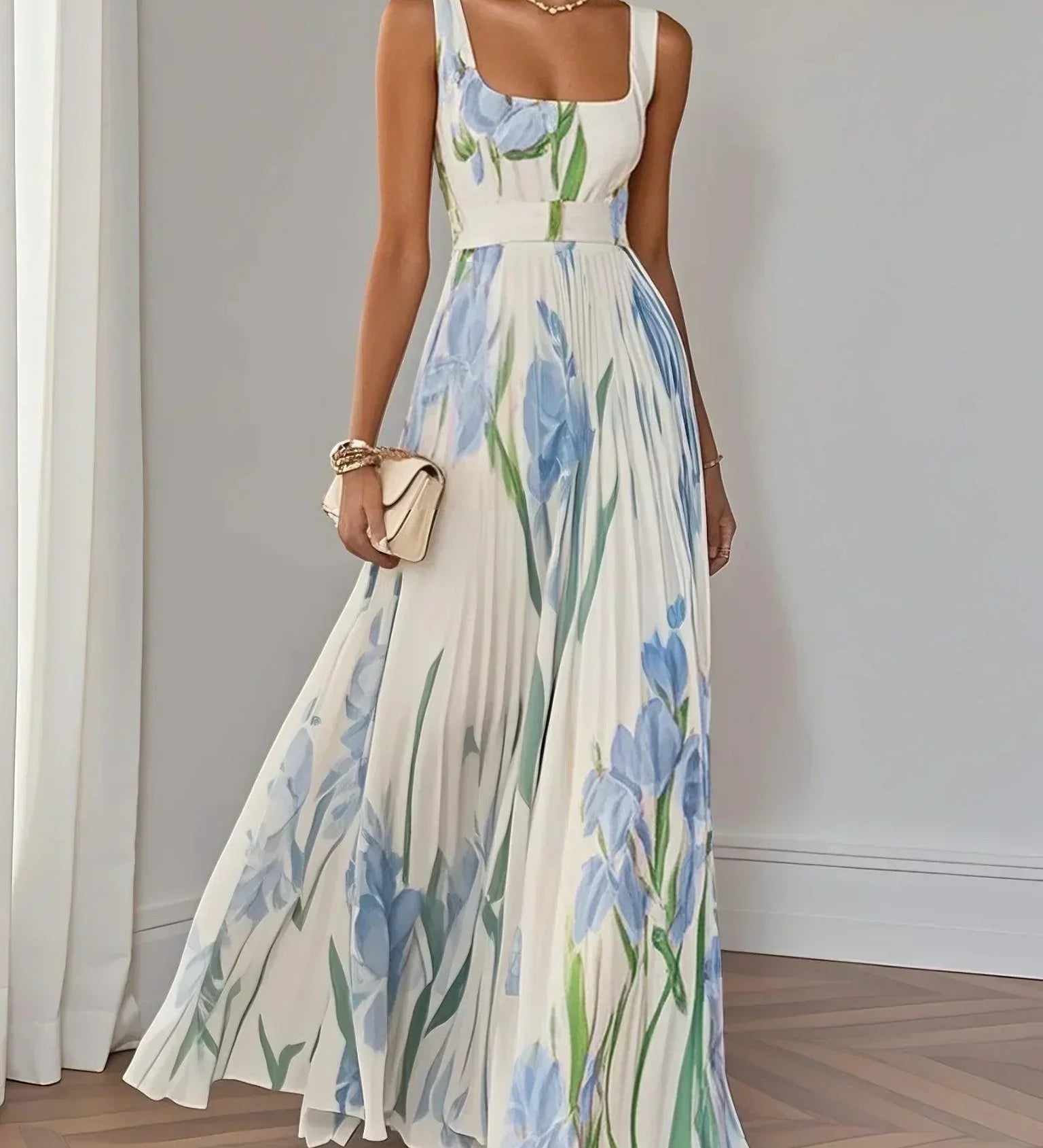 Isabella | Abito Maxi Chiffon Floreale Plissettato Bianco