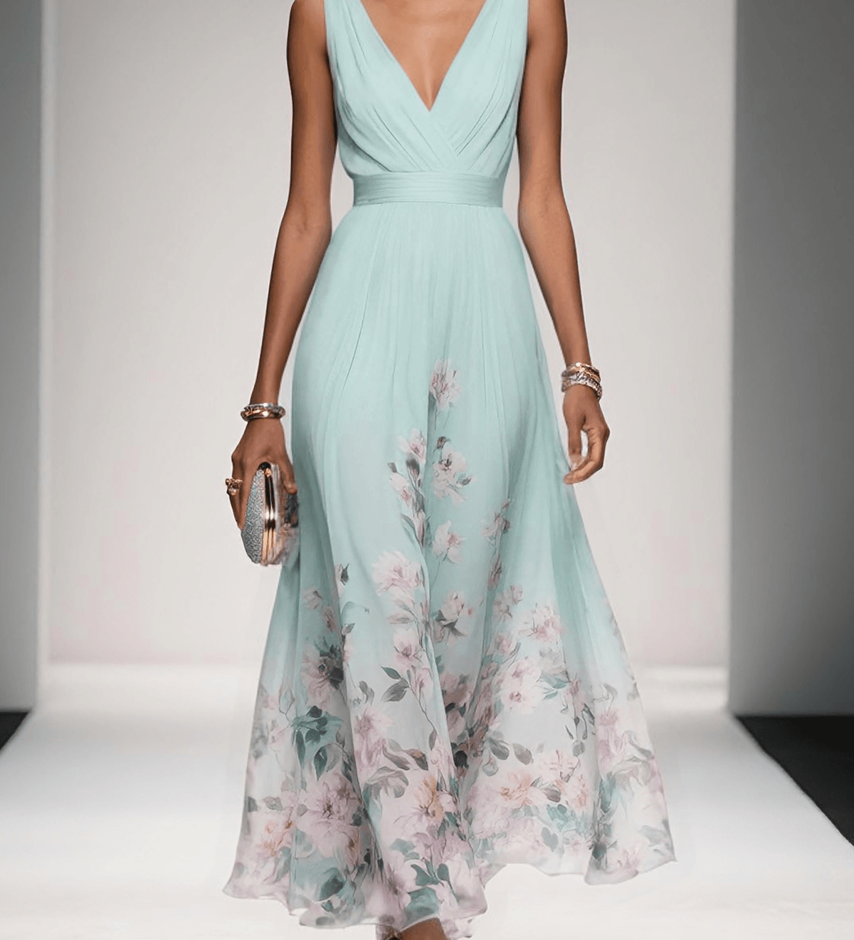 Rosa | Abito Maxi in Chiffon con Fiori Blu Chiaro e Scollatura a V