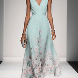 Rosa | Abito Maxi in Chiffon con Fiori Blu Chiaro e Scollatura a V