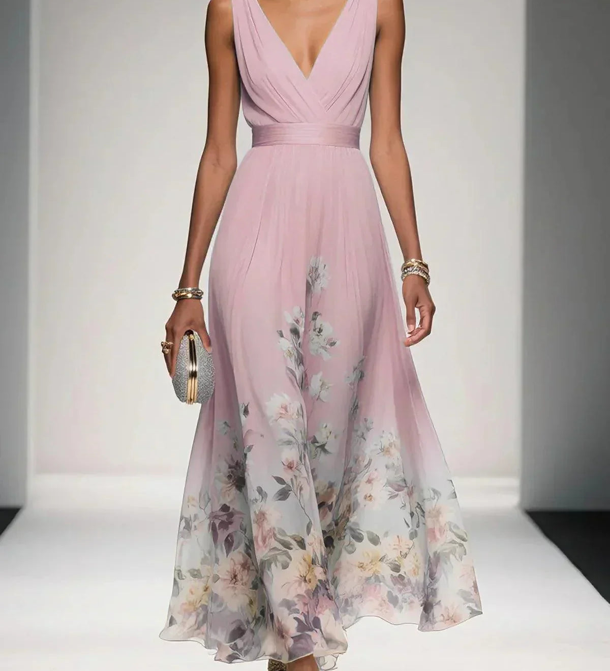 Rosa | Abito Maxi in Chiffon con Fiori Blu Chiaro e Scollatura a V