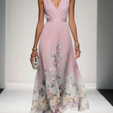 Rosa | Abito Maxi in Chiffon con Fiori Blu Chiaro e Scollatura a V