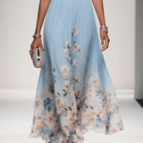 Rosa | Abito Maxi in Chiffon con Fiori Blu Chiaro e Scollatura a V