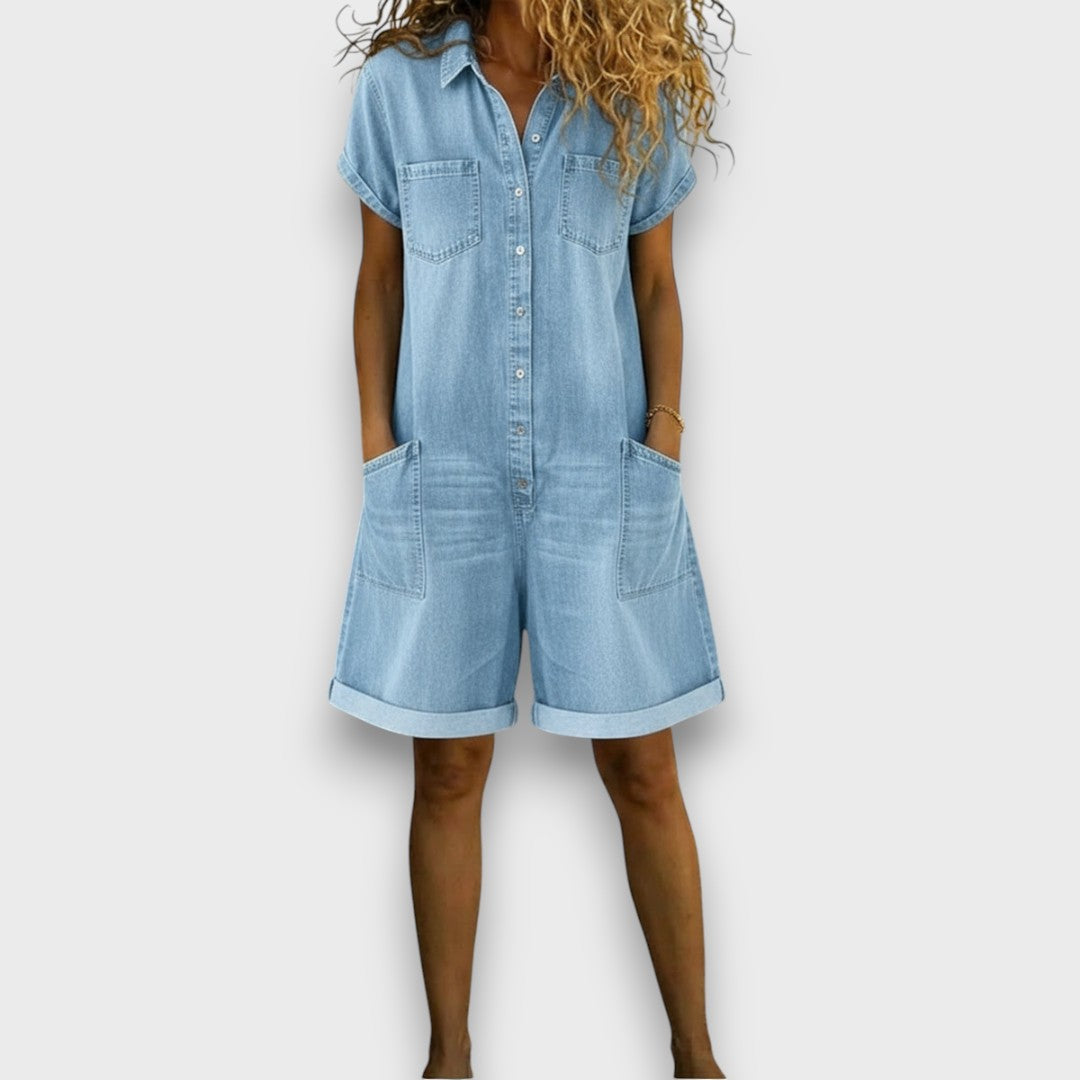 Camilla - Tutina corta vintage in cotone effetto denim