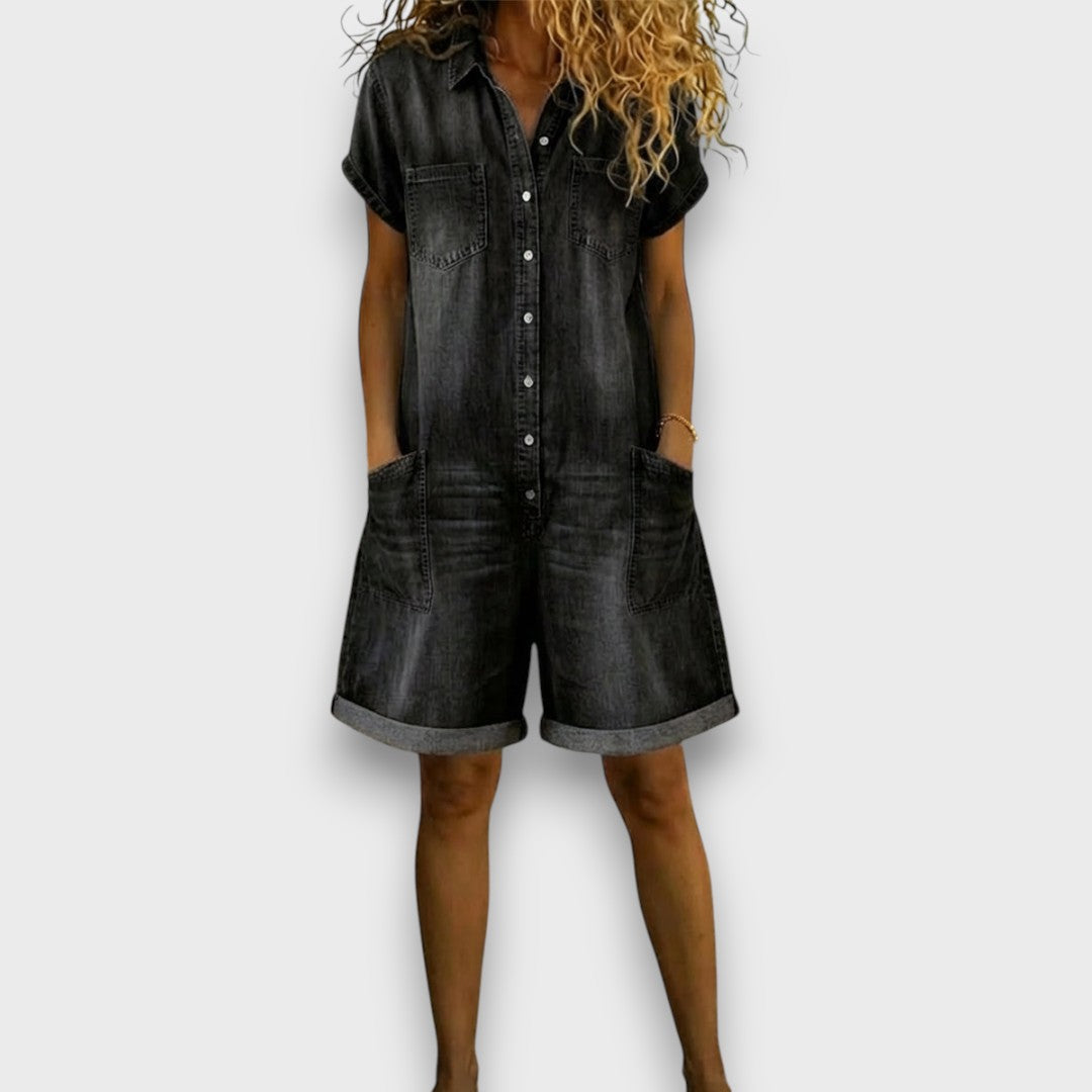 Camilla - Tutina corta vintage in cotone effetto denim